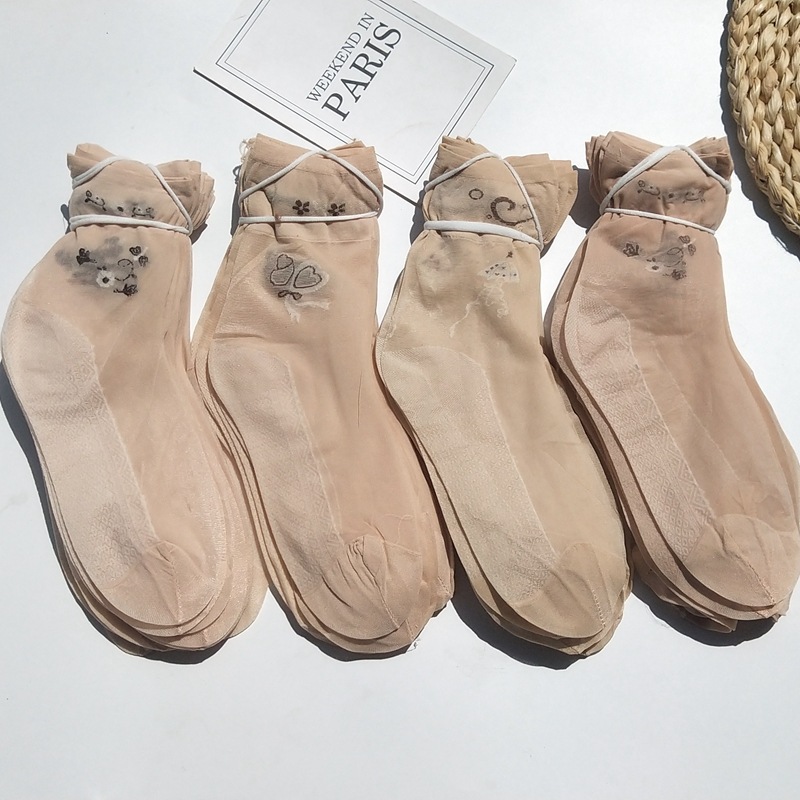 春夏季女款短丝袜薄有跟提花包芯丝中筒透气地摊袜子