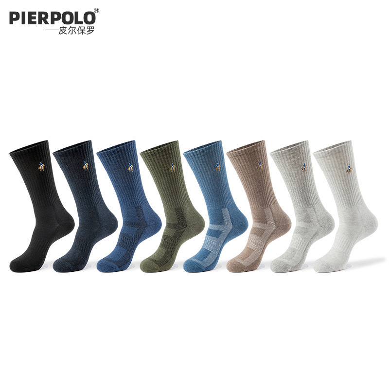 PIERPOLO秋冬加厚毛巾底运动袜纯色男士高筒刺绣logo毛圈底袜子